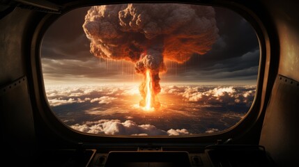 A nuclear explosion seen through the window of an airplane - obrazy, fototapety, plakaty