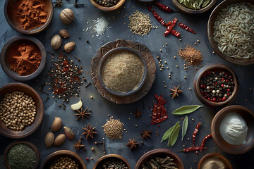 Colorful flat lay composition of assorted spices, ideal for culinary backgrounds and kitchen concepts