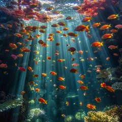 Fototapeta na wymiar Tropical fish swim near a coral reef in the ocean