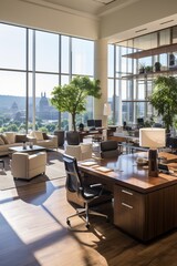 Fototapeta premium Modern office interior with large windows and city view
