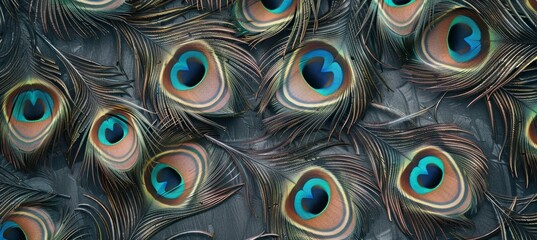 peacock feathers with blue eyes on a textured background. Colorful bird feather wallpaper design for printing on fabric or textile.