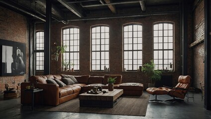Fototapeta premium Living room interior in loft, industrial style