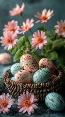 Obraz na płótnie Canvas Easter background for phone, colorful easter eggs in a nest and spring blossom around 9*16