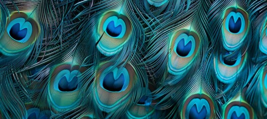Obraz premium peacock feathers with blue eyes on a textured background. Colorful bird feather wallpaper design for printing on fabric or textile.