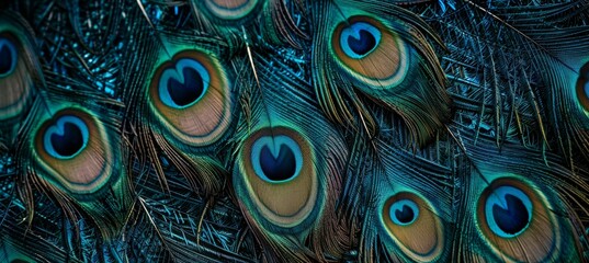 peacock feathers with blue eyes on a textured background. Colorful bird feather wallpaper design for printing on fabric or textile.