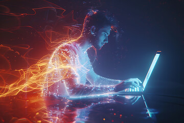 Dive into the digital realm with a captivating wireframe visualization against a glowing translucent background, featuring a focused man typing on a laptop. - obrazy, fototapety, plakaty
