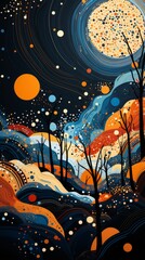 Colorful forest landscape with blue and orange trees and a starry night sky