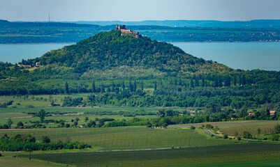 Castle of Szigliget aerial view in summer. Hungary, Europe - 779007551