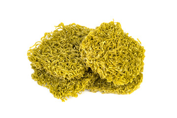 Japanese style green noodles,Uncooked dry instant vegetable noodle,Crispy jade noodles isolated on...