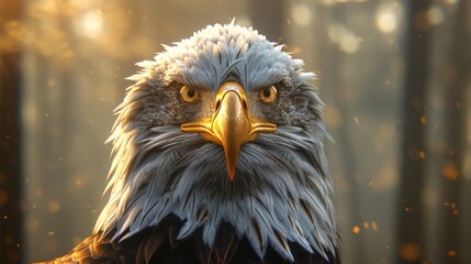 Close up of majestic bald eagle with weathered feathers, intense yellow eyes, sunlit beak - Powered by Adobe