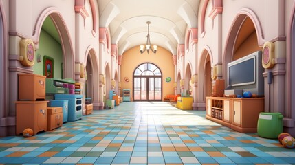 Fototapeta na wymiar A brightly colored hallway with arched doorways and a tiled floor