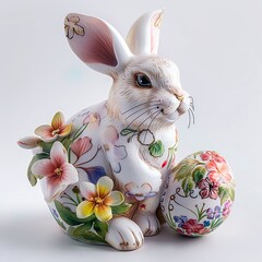 Easter porcelain bunny with eggs on a light background.