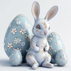 Easter blue porcelain bunny with eggs on a light background.