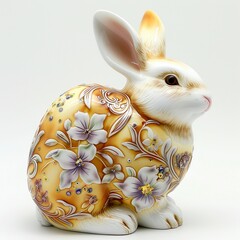Porcelain bunny with floral patterns on a light background. Home decor.