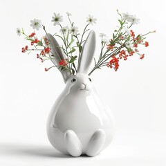White porcelain bunny vase with flowers. Interior item on a light background.