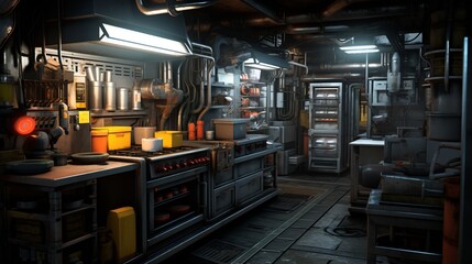 The interior of a spaceship kitchen
