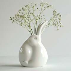 White porcelain bunny vase with flowers. Interior item on a light background.