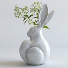 White porcelain bunny vase with flowers. Interior item on a light background.