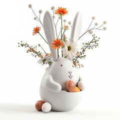 Easter porcelain decorative bunny vase with flowers. Isolated interior item on a light background.