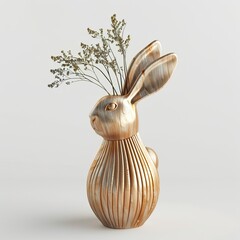 Porcelain decorative bunny vase with flowers. Isolated interior item on a light background.