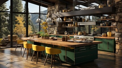 Fototapeta na wymiar kitchen island with green cabinets and yellow chairs