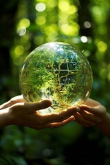 Two hands holding a glass ball with a forest scene inside