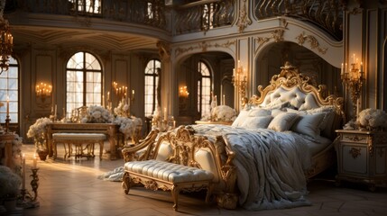 Ornate golden bedroom interior with piano and bench - obrazy, fototapety, plakaty