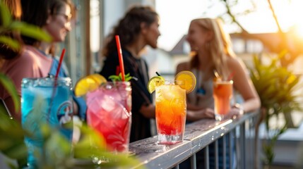 A vibrant setup of Granini Sensation concoctions on a balcony rail, with friends chatting in the background.
