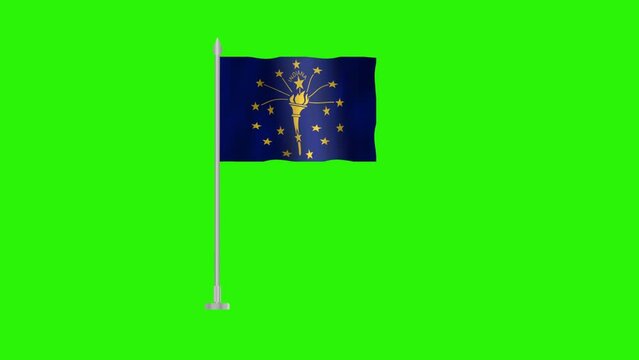 Flag of Indiana, Pole flag of Indiana on Green screen chroma key, USA States Indiana 3D Animation flag waving in the wind isolated on Green Background. 
