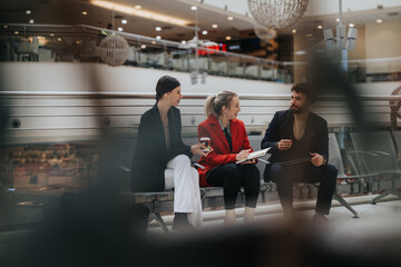 Two women and one man in professional attire engage in a business discussion while sitting in a...