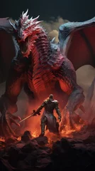 Poster A knight is fighting a dragon in a fiery landscape © Molostock