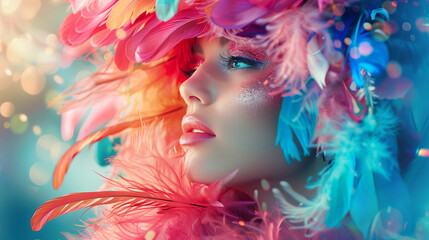 A woman with a colorful feather headdress and makeup. a vibrant and playful mood. Beautiful woman with vibrant hair style made from colorful feathers. Connection with nature background.
