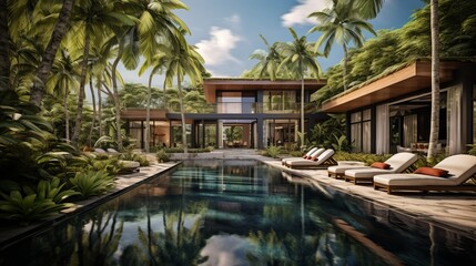 A stunning modern villa with a pool in a tropical setting