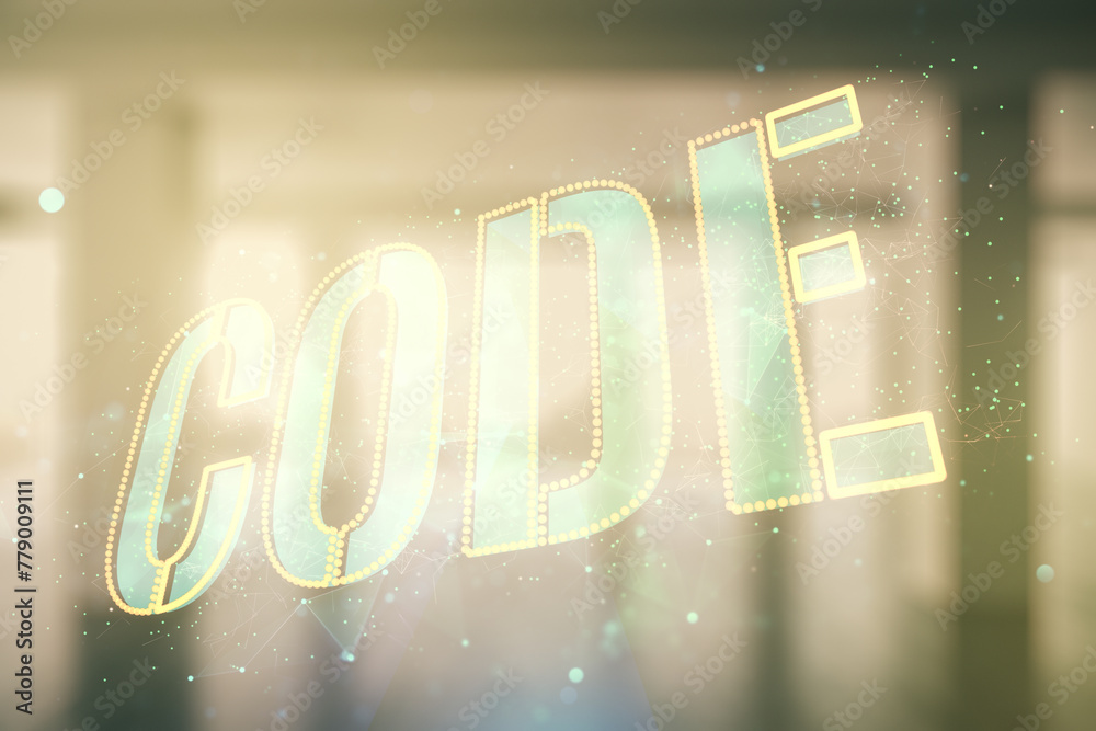 Poster Code word hologram on empty corporate office background, artificial intelligence and neural networks concept. Multiexposure