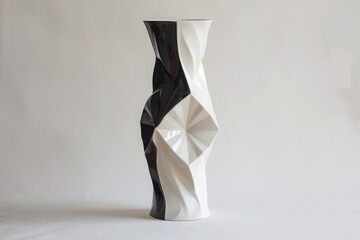 Abstract black and white twisted vase sculpture on white background