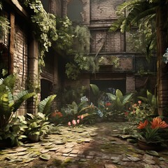 Overgrown Courtyard with Plants and Flowers