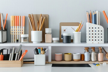 A organized desk with labeled containers and neatly arranged supplies, modern graphic design style with copy space