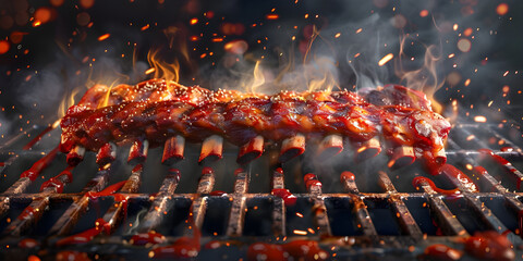Sizzling American BBQ Ribs on Grill with Smoky Background, Smoky Background with Sizzling American BBQ Ribs on Grill, Grill Background with Sizzling American BBQ Ribs and Smoke - Ai Generated