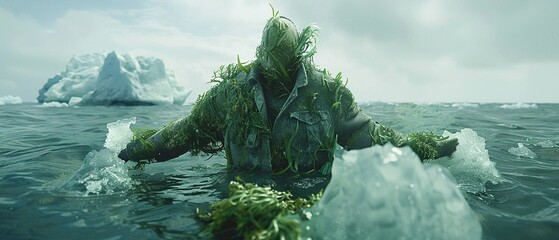 A conceptual 3D model of a shirt transforming into seaweed as it touches the icy water of an arctic sea