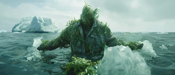 Foto op Canvas A conceptual 3D model of a shirt transforming into seaweed as it touches the icy water of an arctic sea © Leninya