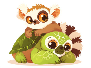 A turtle and a baby lemur are cuddling together