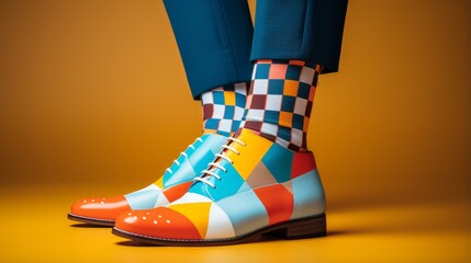 A person wearing colorful shoes and socks