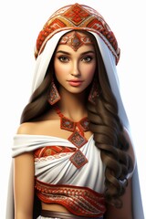 An illustration of a beautiful young woman wearing a traditional middle eastern headdress and jewelry.