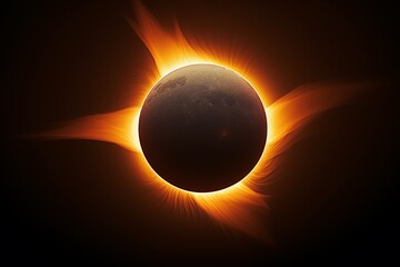 solar eclipse with a spectacular corona and prominences surrounding the darkened sun against the backdrop of dark outer space.
Concept: illustrations of cosmic phenomena, astronomy - obrazy, fototapety, plakaty