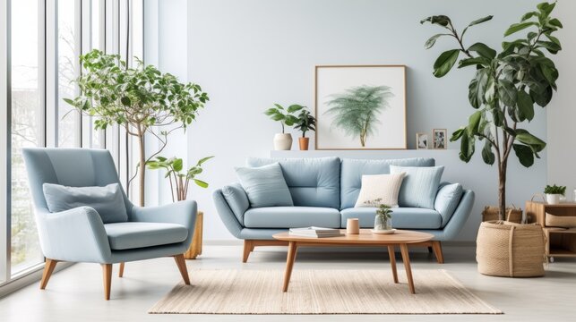 Blue living room interior with sofa, armchair and plants