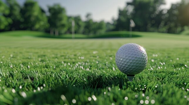 Realistic 3D golf ball on a tee lush fairway in the background