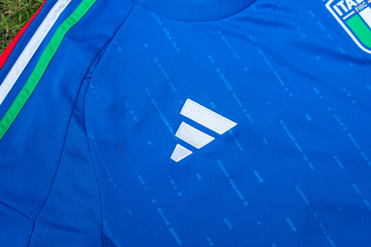 Thailand - 1 April 2024: Adidas is present to new home jersey kit of "Italy" nation football team for European or Euro 2024 tournament. Close-up at the object detail.  