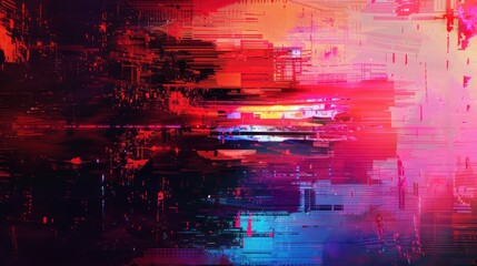 Digital glitch art featuring distorted pixels and vibrant neon colors