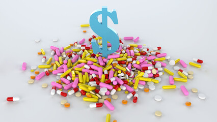A money sign and assorted medical pills in conceptual format. showing the high price of medication and healthcare. 3D rendering.
