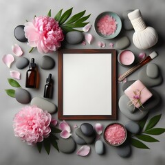 Obraz na płótnie Canvas Flat Lay Composition With Spa Stones Pion Pink Flower On Grey Background generated by ai